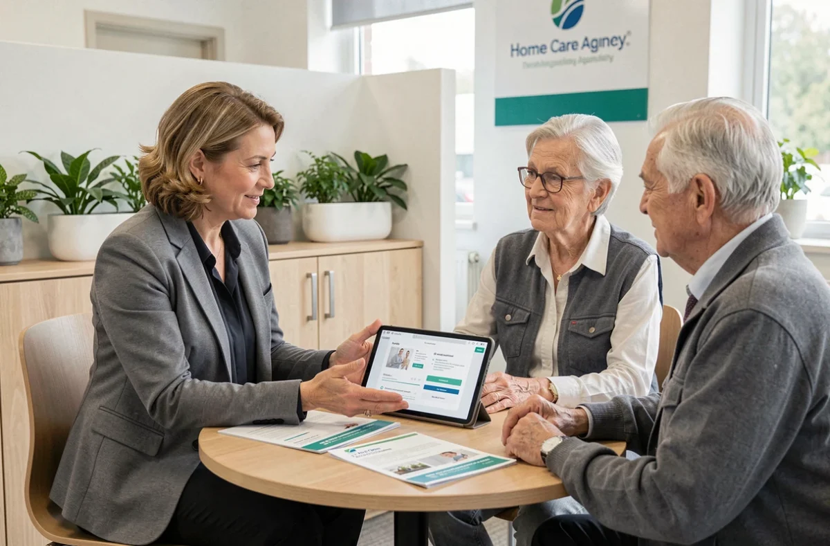 Conseillère d'une agence d'aide à domicile présentant les tarifs et options de services à un couple de retraités, choix entre franchise et service classique