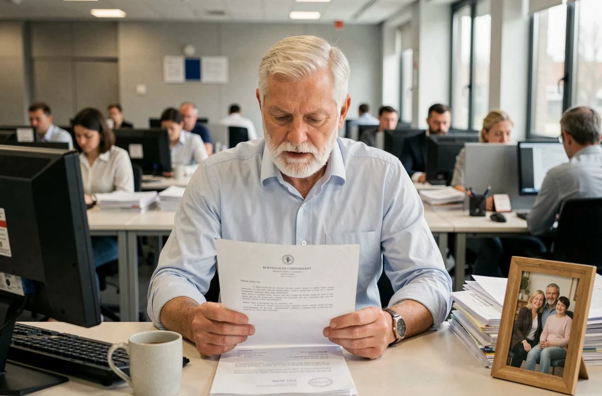 Agent de la fonction publique relisant sa lettre de départ à la retraite dans un open space administratif