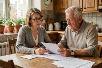 Aidante familiale aidant un senior à remplir des documents administratifs pour les chèques-vacances Agirc Arrco dans une cuisine chaleureuse