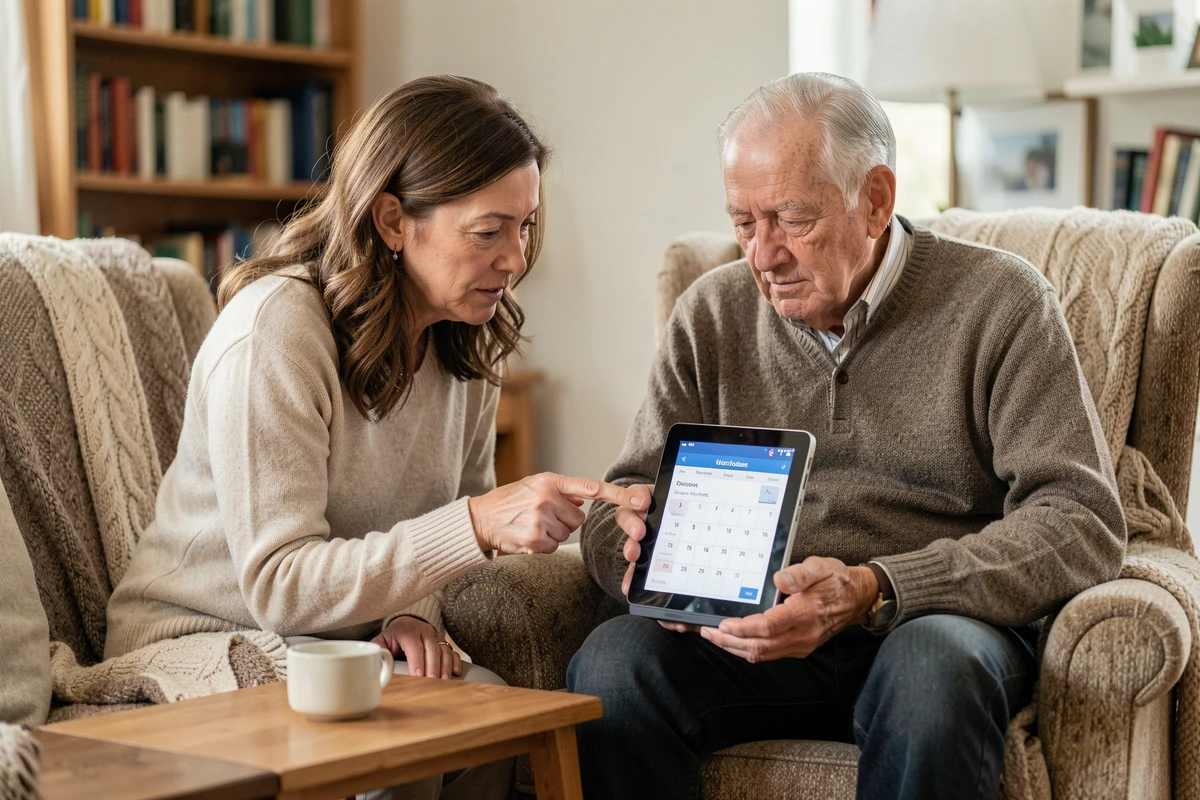 Une aidante familiale aide un homme âgé atteint d'Alzheimer à utiliser un calendrier électronique spécialement conçu pour les seniors