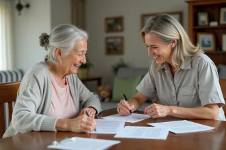 Femme âgée et aidante discutant de papiers à la maison