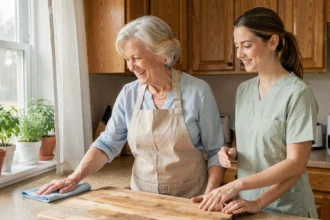 Aide à domicile senior aidant une femme âgée à faire le ménage dans une cuisine chaleureuse