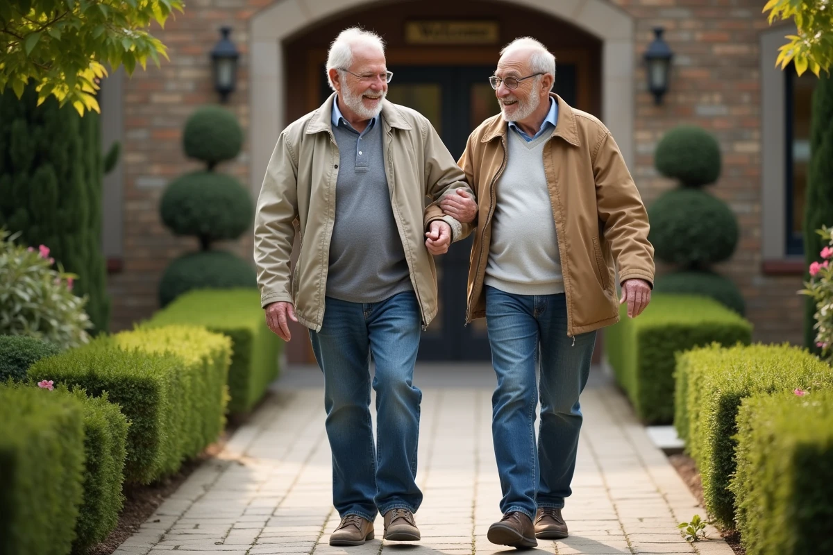 Fils aidant son père dans un jardin devant une maison
