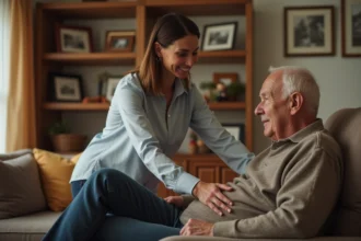 Femme aidant un homme agee dans un salon chaleureux