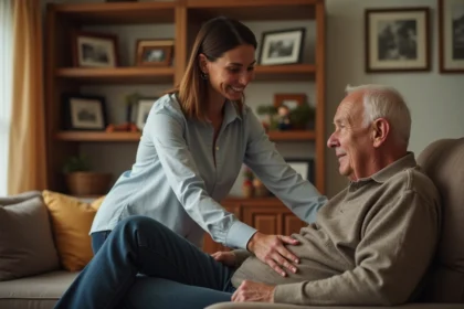 Femme aidant un homme agee dans un salon chaleureux