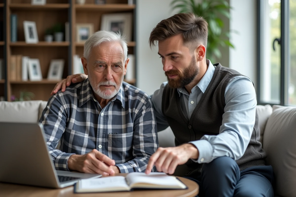 Aide soignant aidant un homme âgé dans un salon moderne
