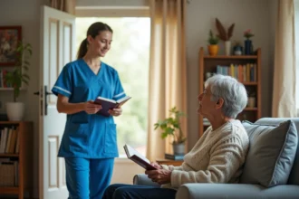 Aide à domicile en uniforme bleu auprès d'une personne âgée dans un salon lumineux