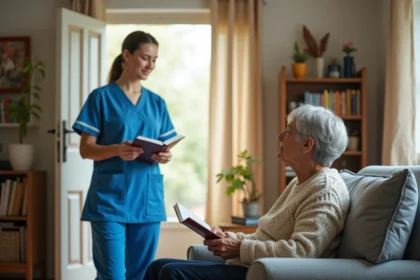 Aide à domicile en uniforme bleu auprès d'une personne âgée dans un salon lumineux