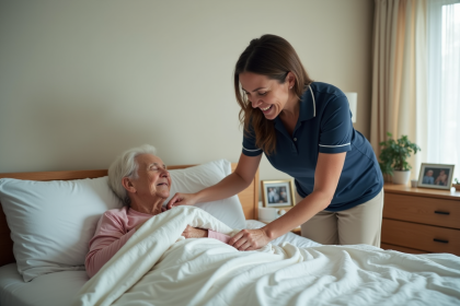 Aide-soignante aidant une personne âgée dans un lit