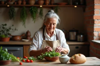 Une femme très âgée épluche des légumes frais à une table en bois rustique, illustration de l'alimentation saine des centenaires