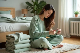 Femme adulte en pyjama deux pièces coton comparant des alternatives à la grenouillère adulte dans une chambre scandinave