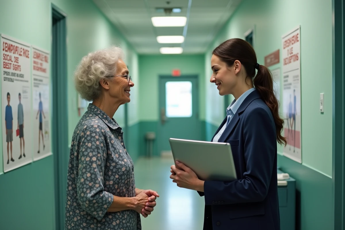Une assistante sociale accompagne une personne âgée dans l'utilisation du service Mon proxima.fr dans un centre social