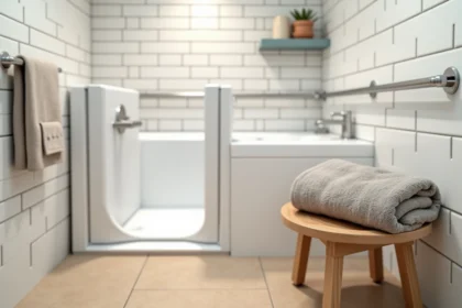 Salle de bains accessible avec baignoire PMR à porte latérale et barres d'appui en inox brossé