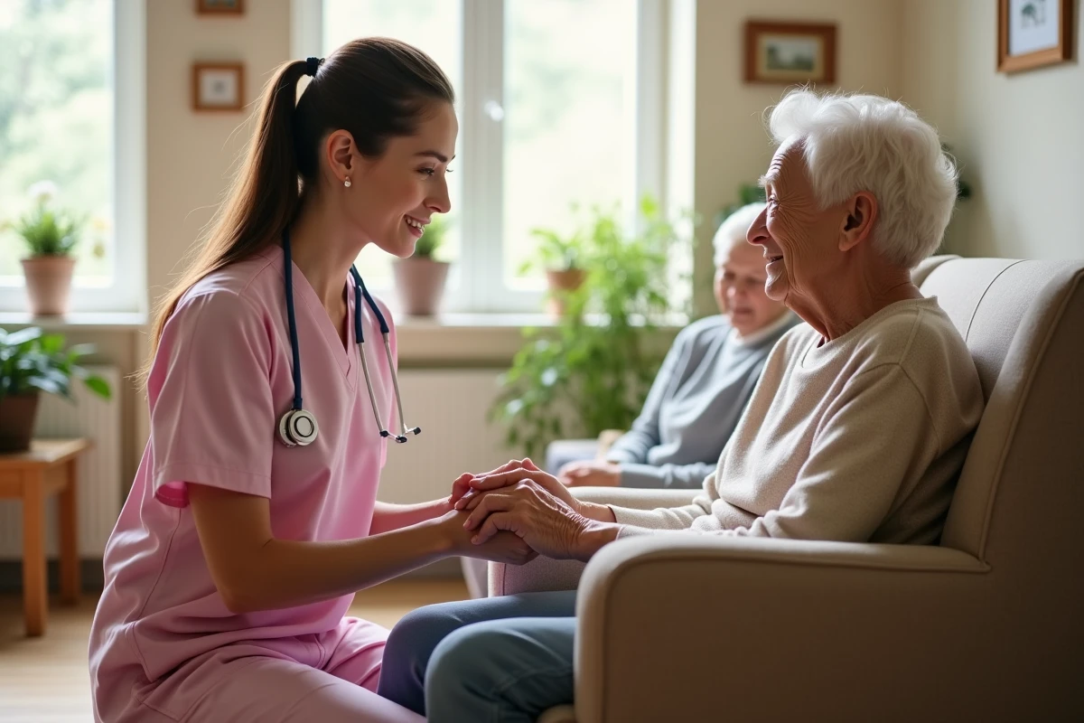 Aide-soignante en EHPAD partageant un moment de bienveillance avec une résidente âgée