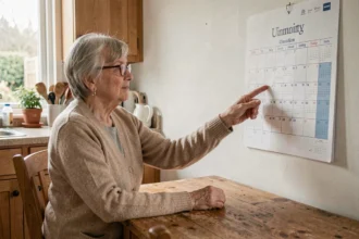 Femme âgée regardant un calendrier grand format pour personnes désorientées affiché dans une cuisine à domicile