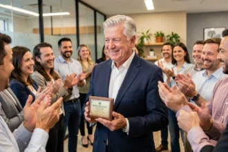 Collaborateur senior recevant un cadeau de retraite lors d'une cérémonie d'adieu au bureau entouré de collègues souriants