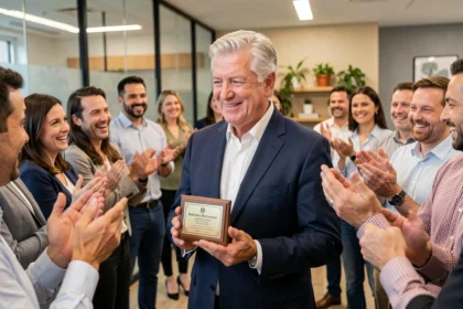 Collaborateur senior recevant un cadeau de retraite lors d'une cérémonie d'adieu au bureau entouré de collègues souriants