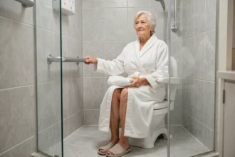 Femme âgée assise sur une chaise de douche adaptée après hospitalisation dans une salle de bain sécurisée