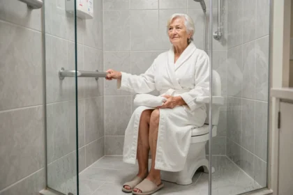 Femme âgée assise sur une chaise de douche adaptée après hospitalisation dans une salle de bain sécurisée