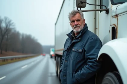 Chauffeur routier expérimenté appuyé contre sa cabine de camion sur une aire de repos, illustrant la pénibilité du métier de transporteur routier