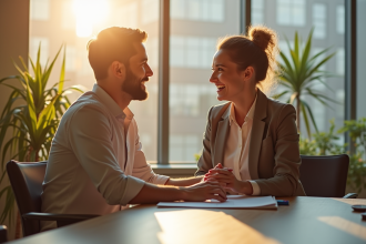 Deux collègues souriants dans un bureau lumineux