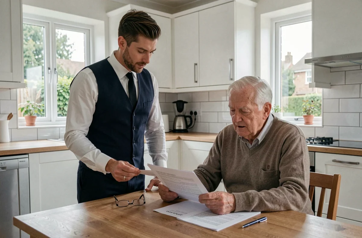 Auxiliaire de vie et senior examinant un contrat de prestation à domicile dans une cuisine moderne, comparaison des offres d'aide à domicile en 2026