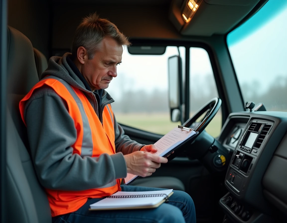 Chauffeur poids lourd dans sa cabine vérifiant ses documents de transport, symbolisant les contraintes administratives et physiques liées à la retraite anticipée pour pénibilité