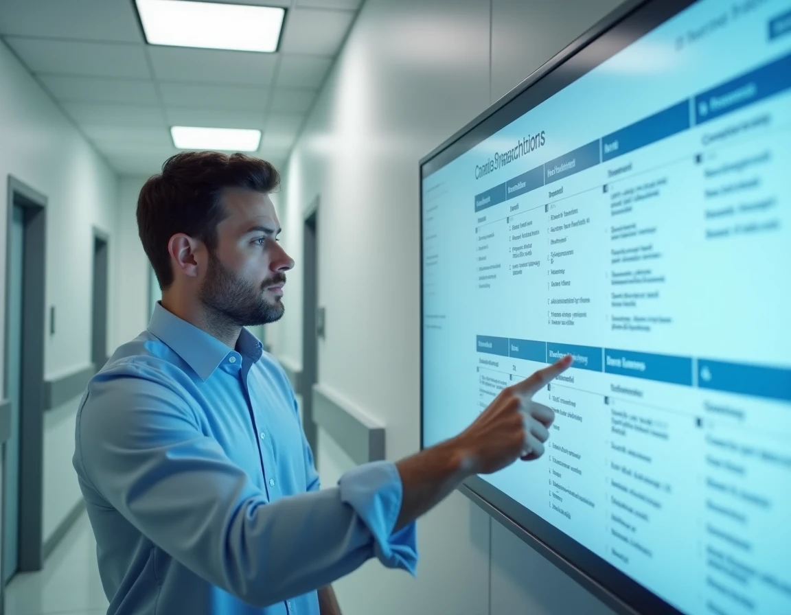 Coordinateur informatique configurant les protocoles de soins sur le logiciel NETSoins Colisée dans un couloir hospitalier