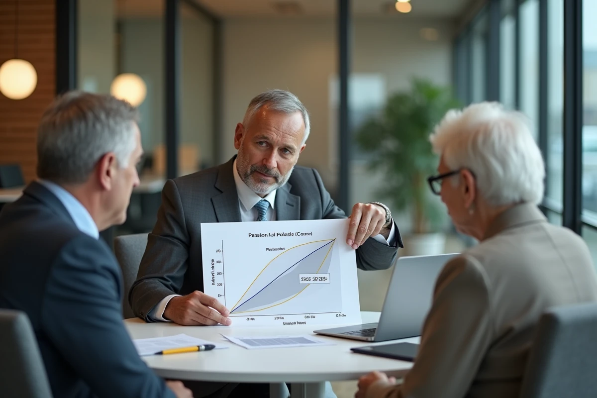 Conseiller financier présentant les projections de revalorisation Agirc-Arrco 2026 à un couple de retraités