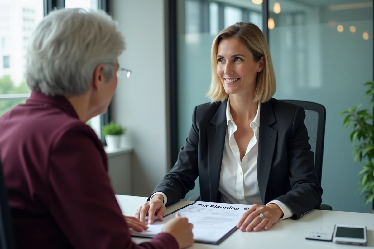 Une conseillère financière expliquant la planification fiscale à une retraitée dans un bureau professionnel