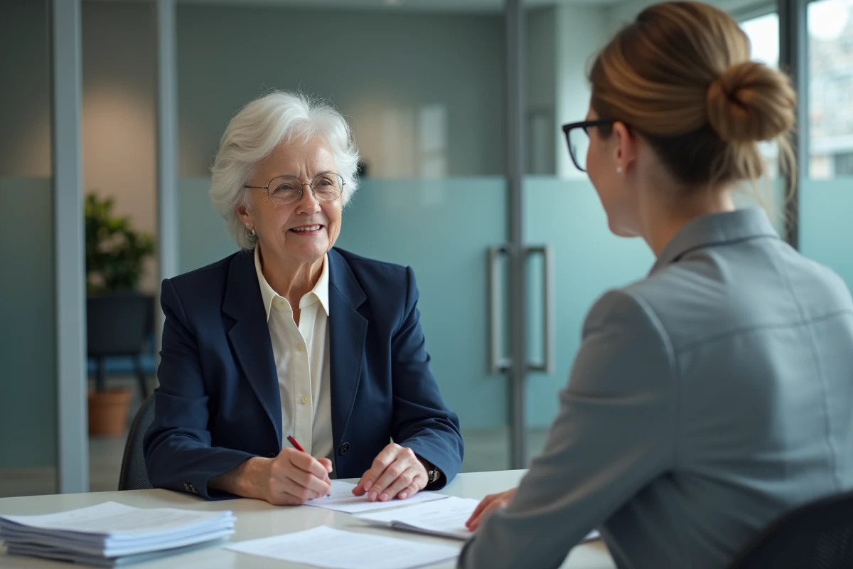 Femme retraitée en consultation avec une conseillère de caisse de retraite pour déclarer une activité professionnelle partielle