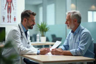 Médecin examinant un patient senior lors d'une consultation médicale pour le renouvellement du permis de conduire après 70 ans