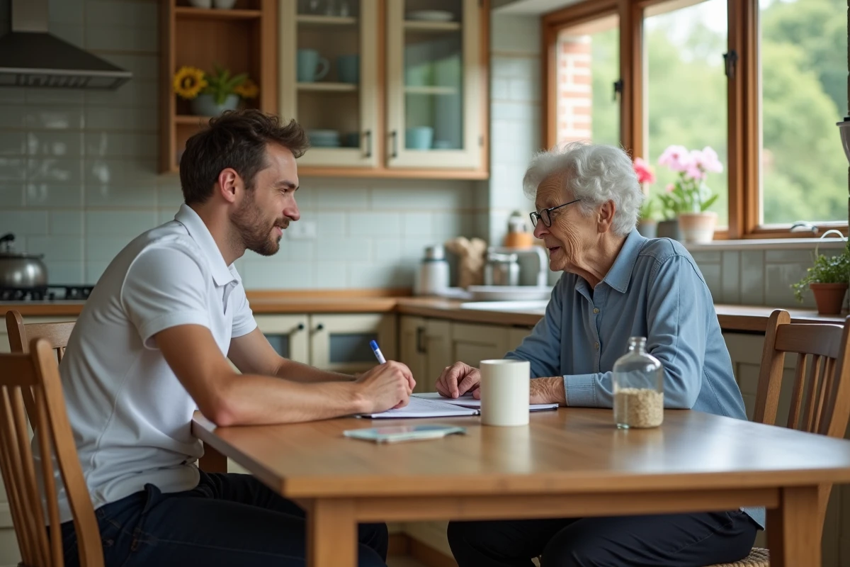 Jeune homme attentif parlant avec une femme agee en cuisine