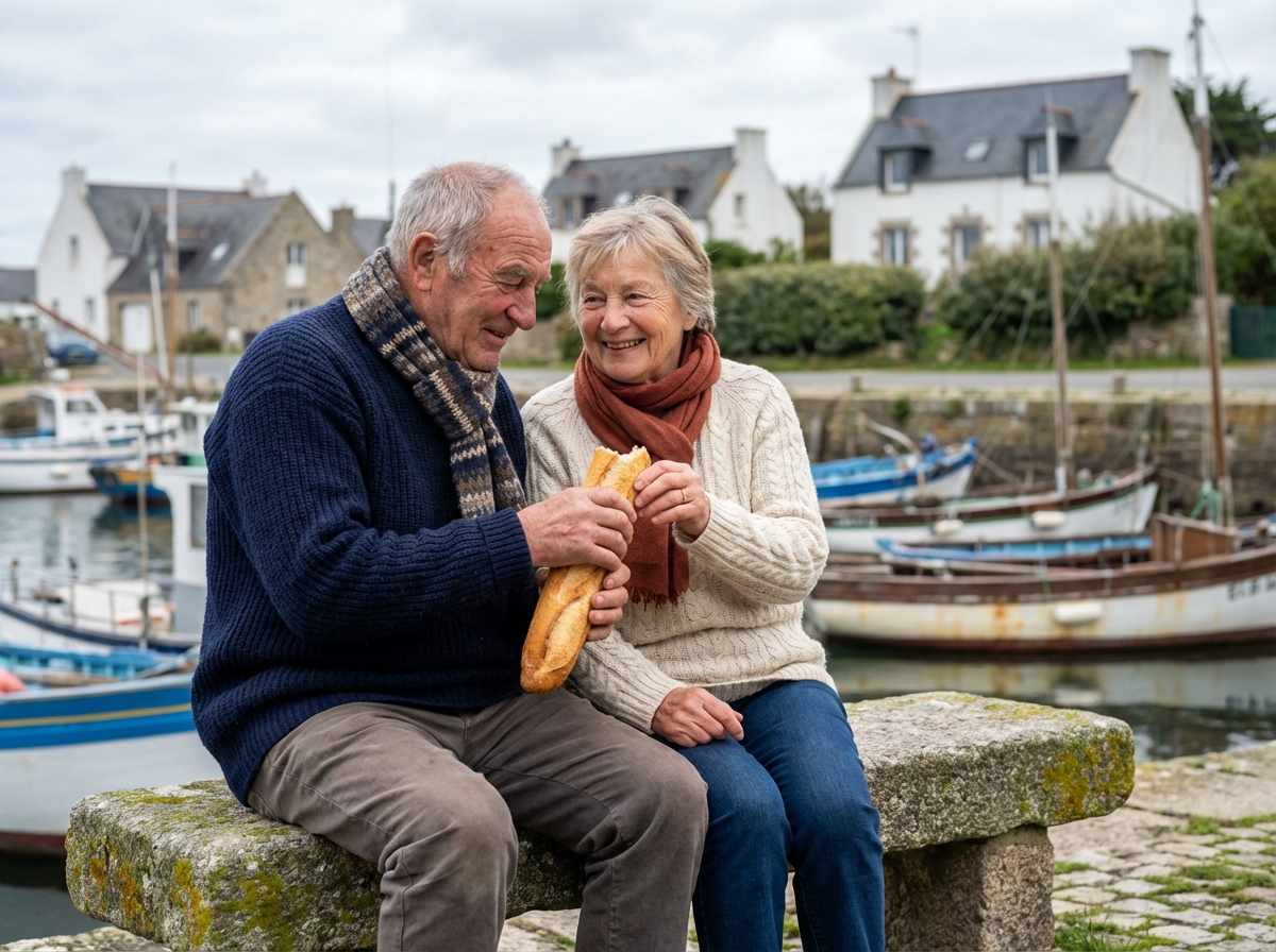 Couple breton âgé souriant près du port