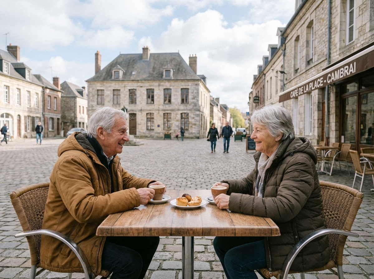 Couple âgé partageant un café dans un village près de Cambrai