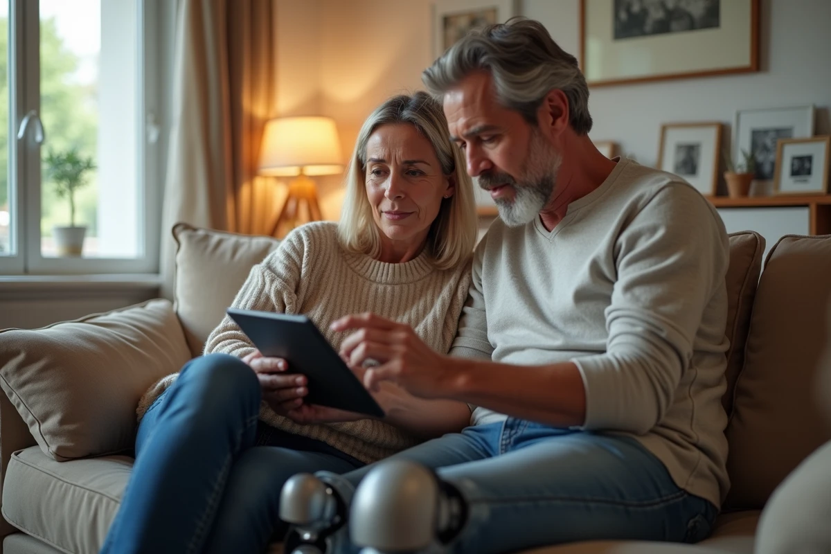 Couple examinant ensemble les implications financières de la déconjugalisation de l'AAH sur une tablette
