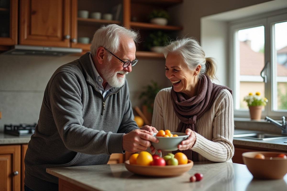 Couple agee partageant un petit-dejeuner dans une cuisine chaleureuse