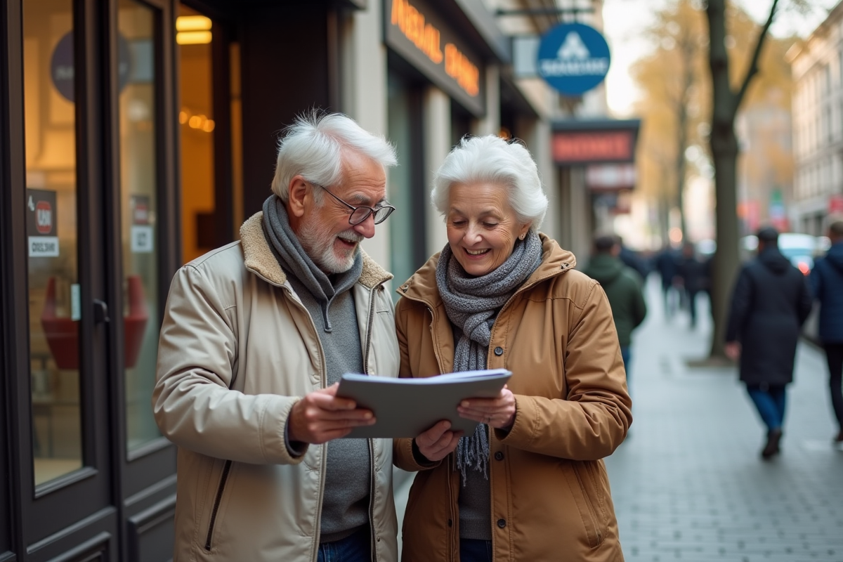 Couple retraité dehors devant une banque en ville