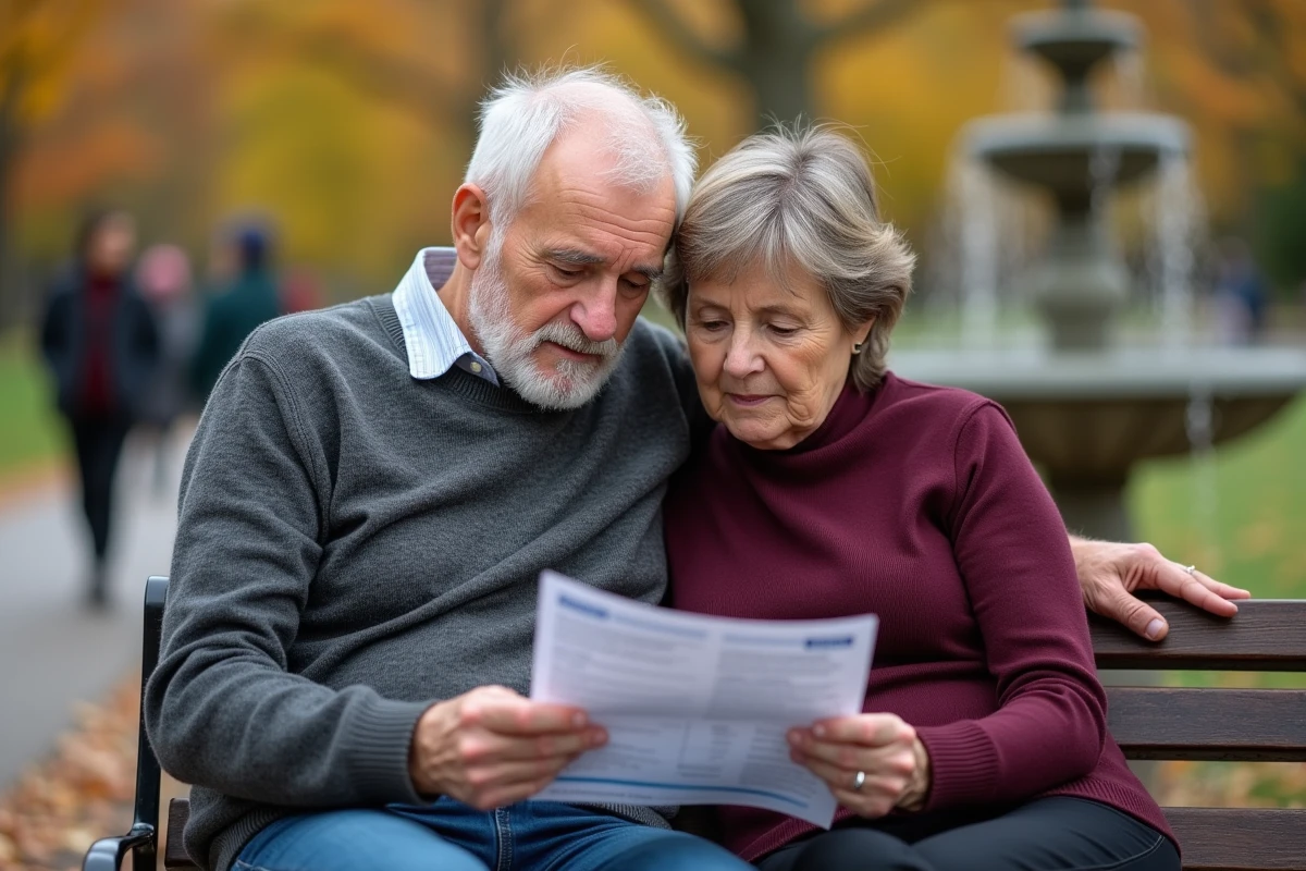 Couple de retraités à revenus modestes consultant un document sur les aides retraite dans un parc