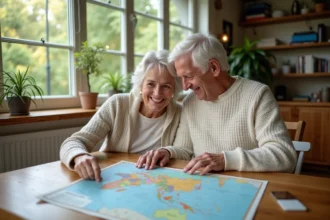 Couple retraité planifiant un voyage dans une cuisine lumineuse