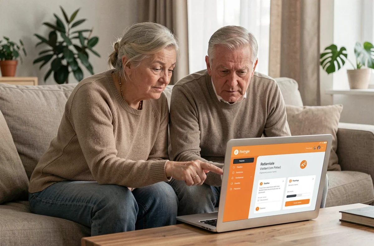 Couple de retraités consultant ensemble leurs bulletins de pension Orange sur un ordinateur portable dans leur salon