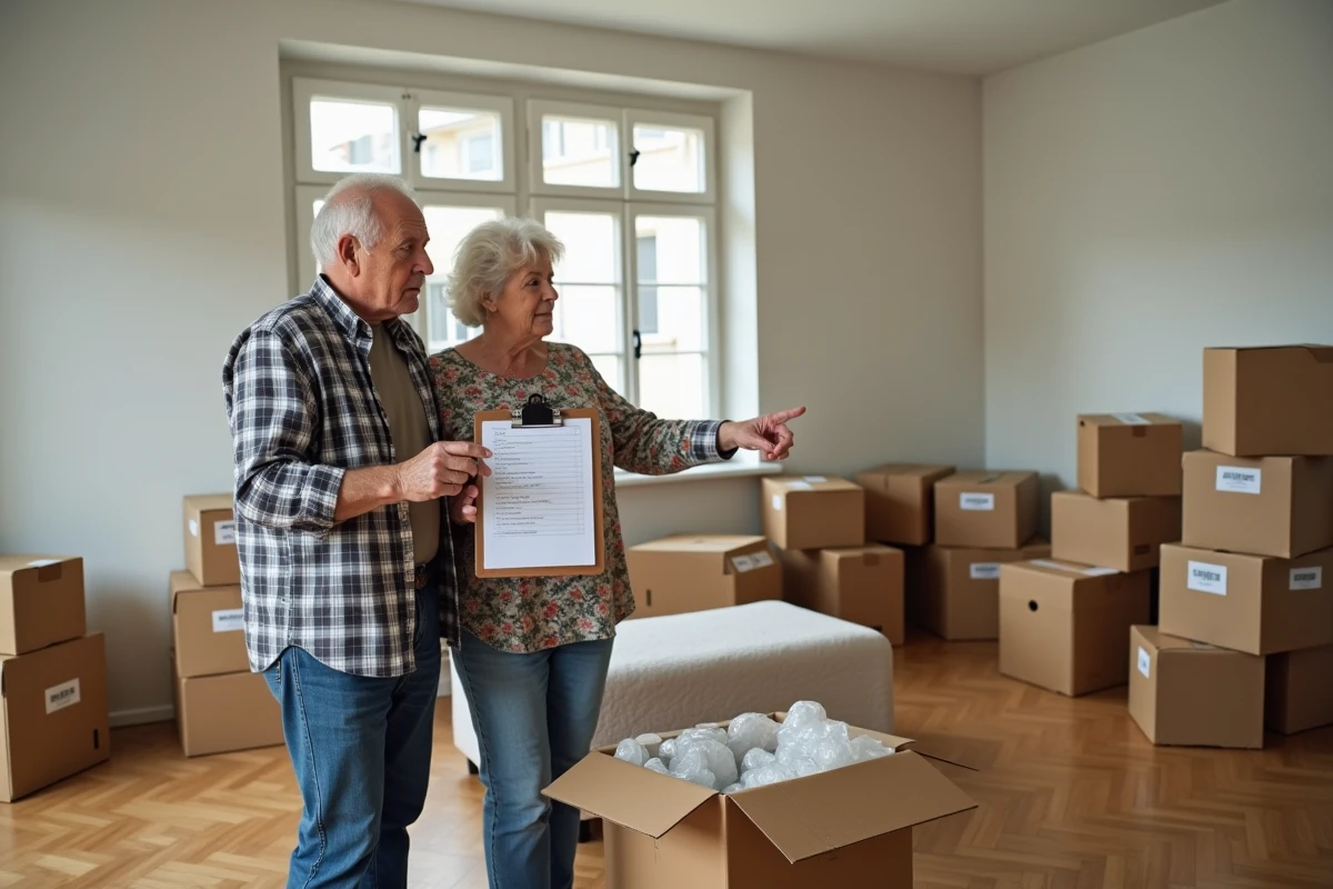 Couple de retraités entouré de cartons lors d'un déménagement avec liste de vérification