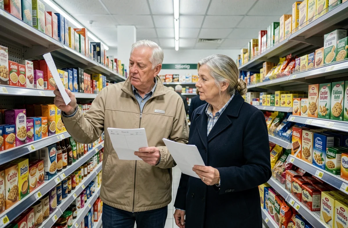 Couple de retraités comparant les prix dans un supermarché face à l'inflation