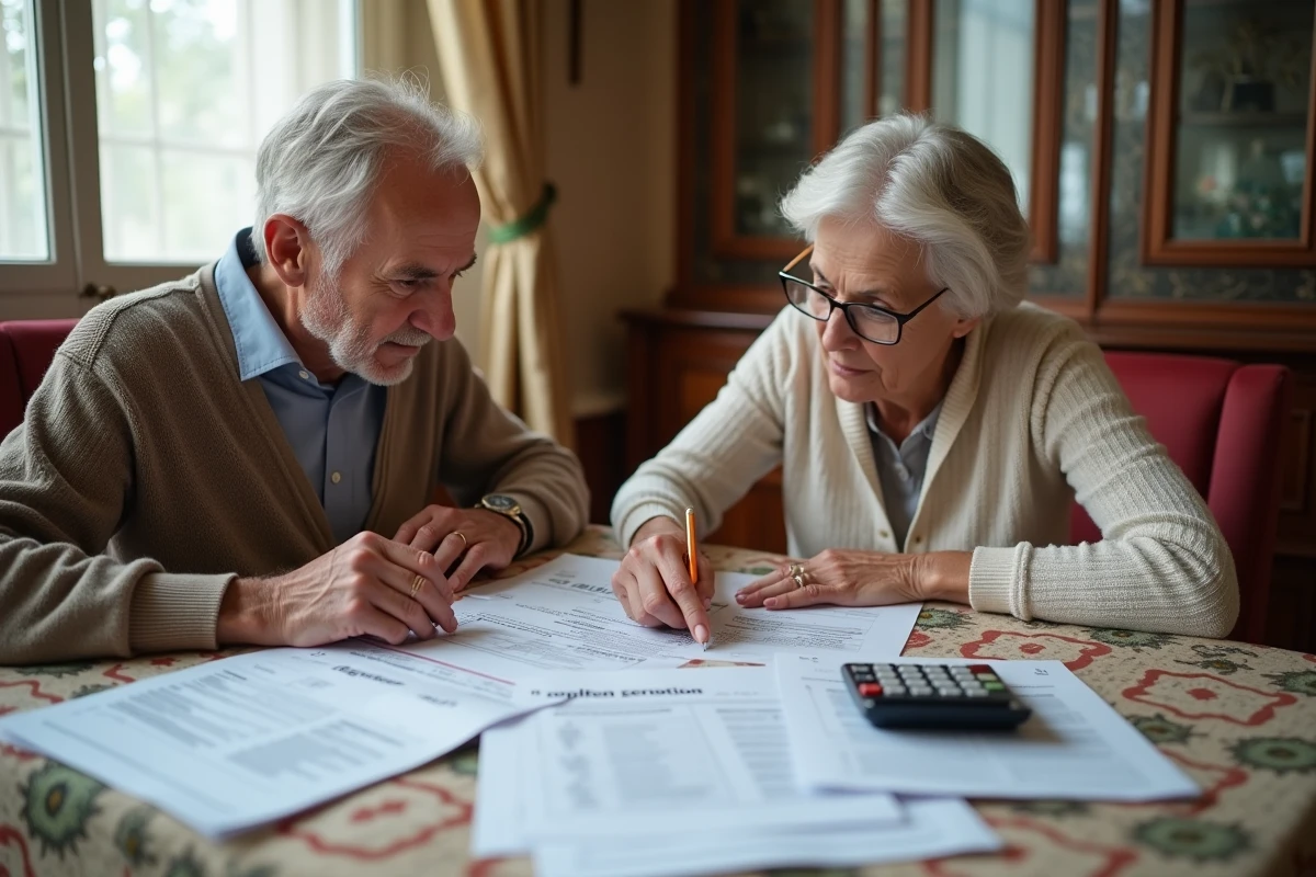 Couple de retraités étudiant ensemble leur déclaration de revenus et les documents de pension pour calculer l'abattement fiscal de 10%