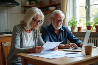 Couple de retraités examinant des documents sur la revalorisation des retraites complémentaires 2026 à leur table de cuisine