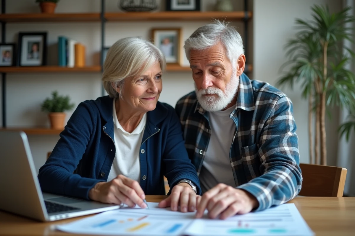 Un couple de retraités consultant leurs finances sur un ordinateur portable dans un bureau à domicile organisé