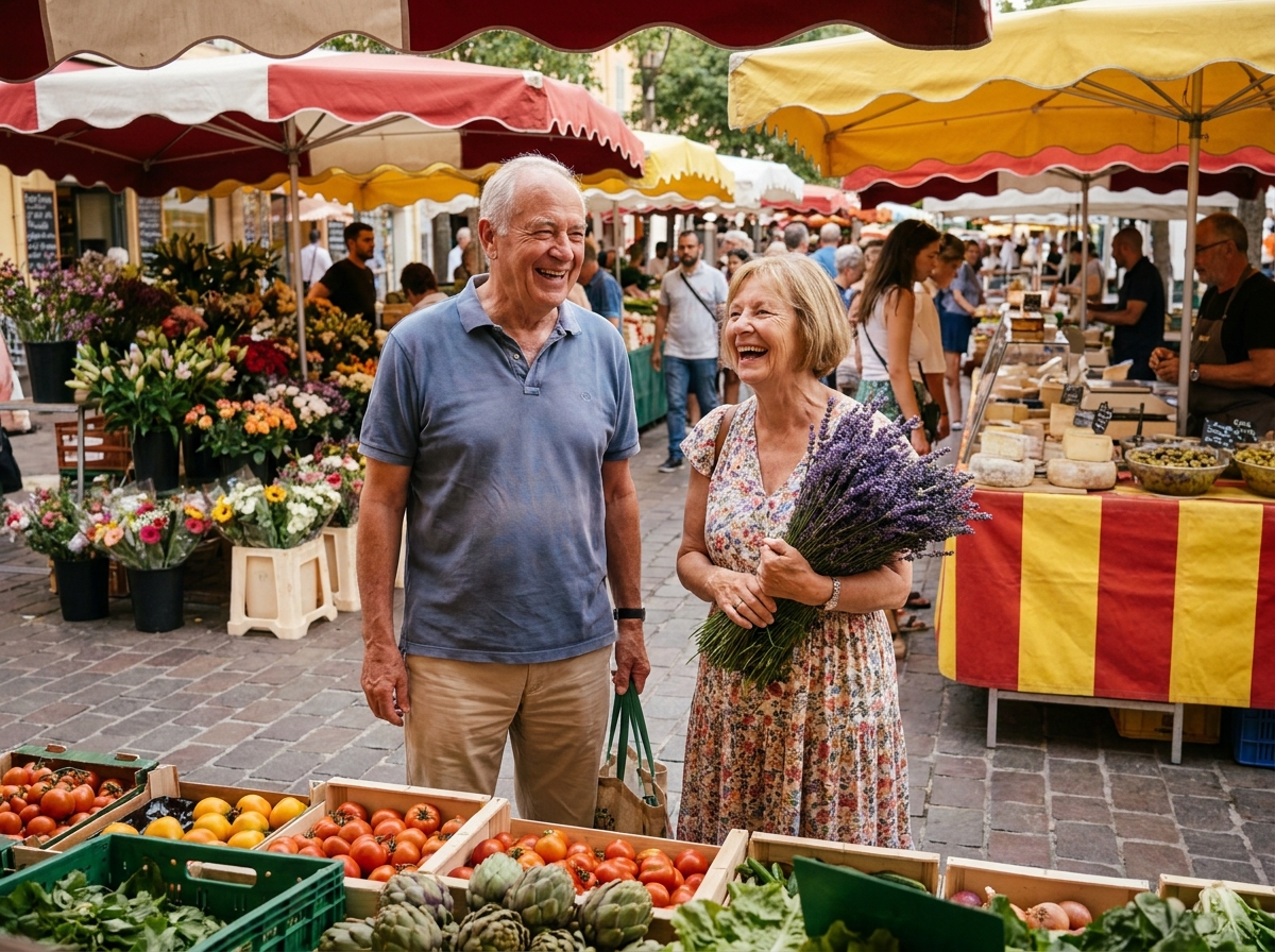 Couple de retraités au marché du Cours Saleya à Nice choisissant des fleurs et des légumes frais