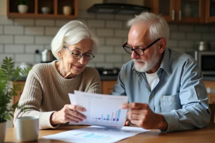 Couple de retraités examinant leurs documents de pension Agirc-Arrco à la table de cuisine