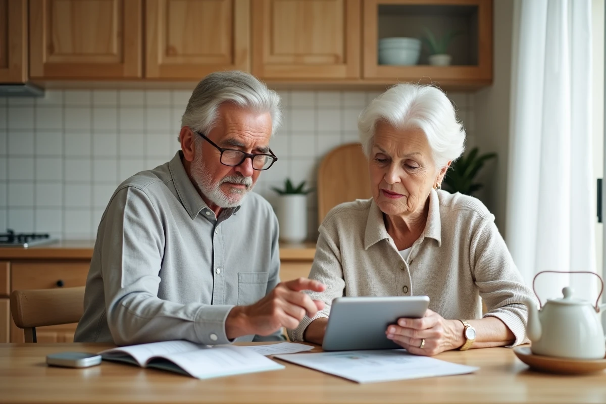 Couple de retraités SNCF consultant ensemble une tablette pour retrouver leurs identifiants de l'Agence Famille