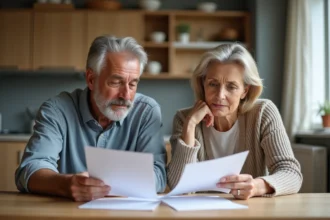 Couple d'adultes examinant des papiers dans une cuisine moderne